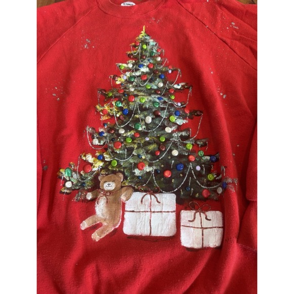 Vintage Ugly Christmas Tree Red Puff Paint Sweatshirt Sweater Holiday Bear Large - Picture 2 of 5